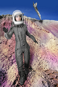 火箭少女101宇航员时装服装站女性太空服头盔探险家蓝色套装手套女士指挥官女孩科幻行星月亮背景