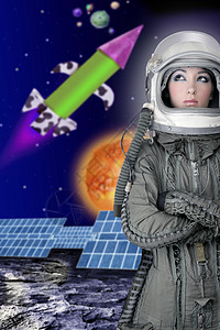 火箭少女101航天飞机宇航员空间头盔女时装火箭轨道行星飞船探险家星星盘子女孩女性女太空人背景