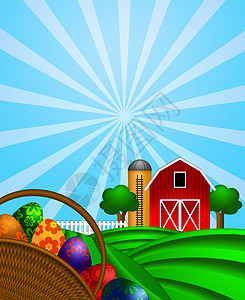 复活节场景复活鸡蛋篮子和红仓库在绿色草地上背景