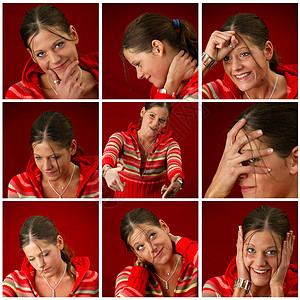 一名年轻女性做面孔的拼凑背景图片