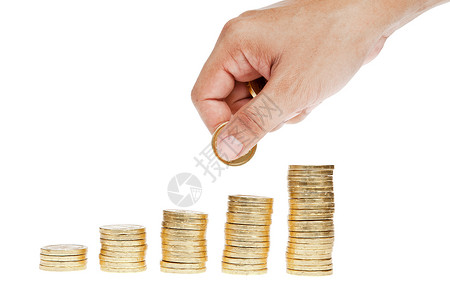 金融防骗金硬币堆叠 孤立和手持硬币作为储蓄骗背景