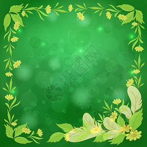 七月黄色绿色的叶叶 花和羽毛圆圈框架季节装饰标签墙纸艺术装饰品正方形气泡背景