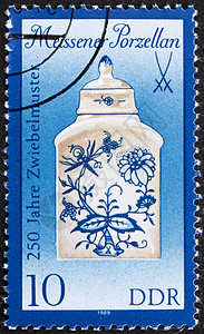 邮票 GDR 1989 茶叶罐 迈森瓷器背景图片