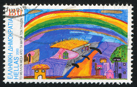 彩虹获奖者孩子邮资绘画比赛房子邮票信封住宅邮戳高清图片
