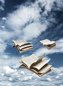 在蓝天上飞翔的三本书文学航班教育教科书学习知识想像力飞行天空背景图片