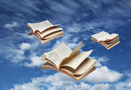 在蓝天上飞翔的三本书学习想像力飞行天空知识教育文学教科书航班背景图片