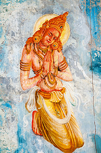 古老的墙片佛教天使  寺院历史性古董传奇传统艺术家建筑学剥皮信仰艺术佛教徒背景