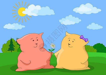 哈咪猫猪你快乐在草地上放花的猫朋友假期卡通片幼兽家庭环境空地天空礼物动物园女孩背景