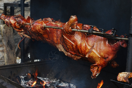 猪在烤架上烧烤庆典动物小猪食物烧伤农场派对节日高清图片