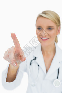微笑的医生触摸到的东西服务金发女郎从业者手势浅色手指快乐实验白色医疗背景图片