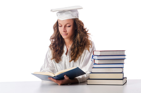 毕业快乐 有很多白色的书学生学校幸福女士压力青少年黑发作业知识考试保持高清图片素材