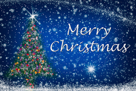 蓝色满天星装饰闪闪发光的圣诞树和 星空 上圣诞快乐短信背景