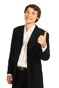 开心的生意人举起大拇指管理人员商务企业家工人手势工作套装商业男人经理白色的高清图片素材