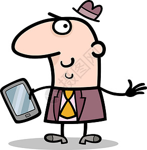 卡通电话素材使用平板 Pc 卡通插图的男子领带电脑卡通片经理商务电话经济商业互联网屏幕背景