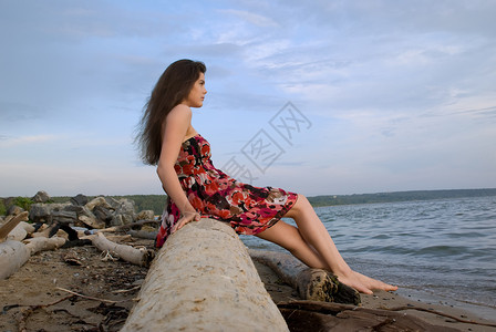 浮生如梦美丽的女孩坐在海边的树上深色蓝色天空裙子黑发微风荒野红色光束日志背景