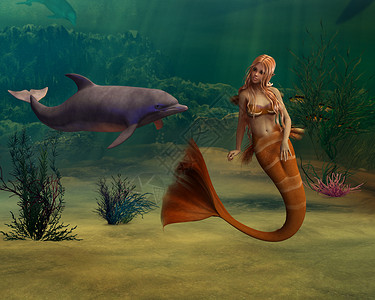游泳的美人鱼美人鱼和海豚艺术女士故事生物魔法生活脚蹼尾巴神话哺乳动物背景