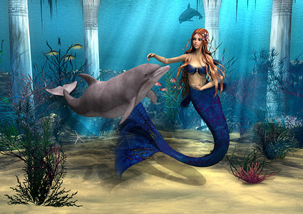 游泳的美人鱼美人鱼和海豚脚蹼朋友们潜水童话动物插图女孩女士游泳哺乳动物背景