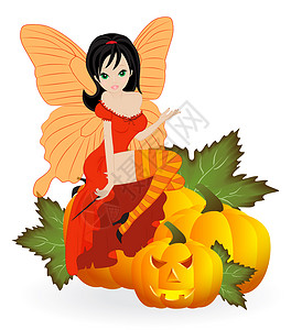 神奇的小仙女卡通片美丽假期公主橙子蝴蝶女孩叶子南瓜童话背景图片