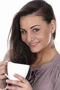 喝茶的女子女士咖啡头发白色背景图片