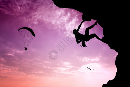 敢拼敢闯自由攀登者绘画力量日落阳光挑战运动男人航班黑色插图背景