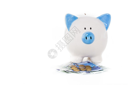 手绘小猪蓝白小猪银行 持有欧元纸币和硬币背景