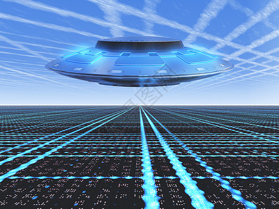 飞船UFO带飞行中的UFO的无限网格地平线背景