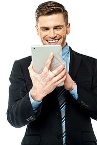 商务手操作平板设备机动性界面娱乐微笑顾问工作创新网络数据触摸屏背景图片