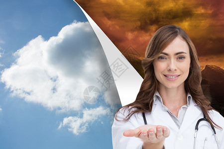 医疗云女性护士露露棕榈的复合肖像图象快乐场地环境服务天空专家手势医生计算机阳光背景