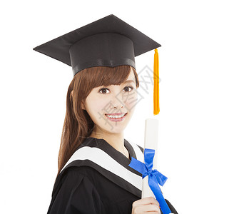 持有和颁发文凭的年轻女研究生学生人数快乐裙子成人教育毕业生女性学校成就微笑长袍成功高清图片素材