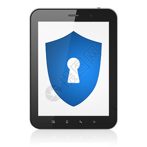 便携图标安全概念 在平板电脑上用钥匙孔遮蔽盾牌犯罪政策裂缝代码网络隐私密码黑色保卫蓝色背景