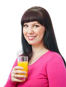 女人有胆汁黑发女孩果汁女性娱乐橙子粉色白色女士玻璃背景图片