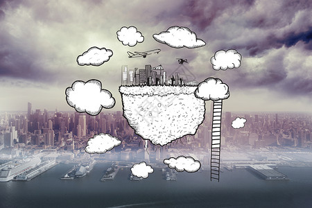 云层计算与城市风景和阶梯图纸的复合图像技术绘图飞行摩天大楼飞机航空旅行码头支撑计算机背景图片