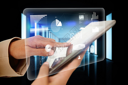 商业妇女用接口触碰平板电脑界面计算数字商务人士未来派科技蓝色计算机技术背景图片