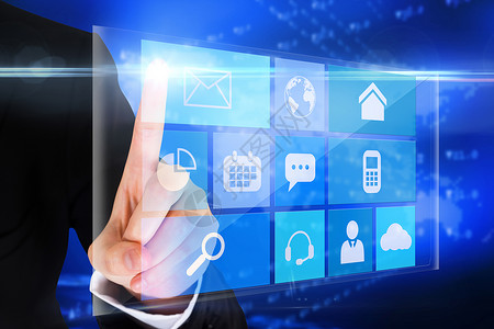 APP互动页面指向 App 菜单界面的指针蓝色互动计算绘图未来派商务商业手指人士技术背景