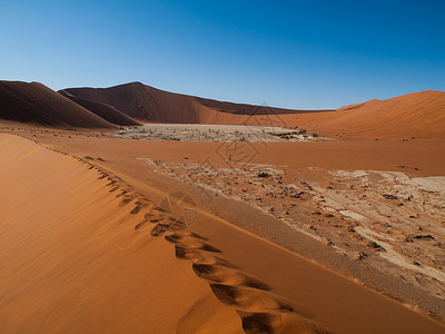 Namib沙漠红色沙丘沙滩上的脚印高清图片