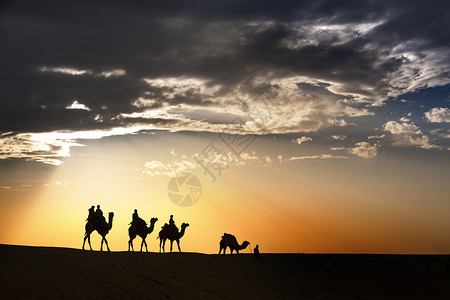我们一起走过当地沙漠与骆驼一起走过Thar沙漠踪迹旅行射线金子鼻子戏剧性场景太阳光日落天空背景