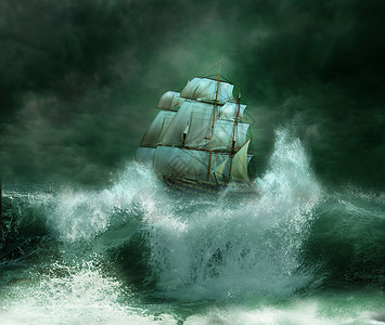 波浪中的船在雷暴中的老船背景