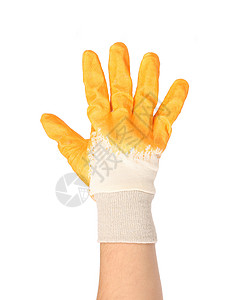 手戴橡胶手套显示5个织物家务力量家庭棕榈材料衣服手指安全工具背景图片