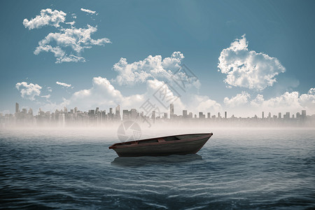 云海中的小船与少年插画小船在海中 城市在地平线上海洋木头环境多云波浪天气帆船血管景观海岸线背景