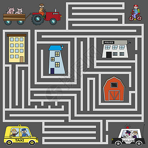 儿童迷宫游戏儿童游戏城市解决方案国家插图建筑司机卡车卡通片出租车农场背景