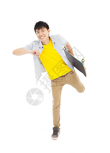 充满活力的年轻人拿着滑板摆姿势颜色高清图片素材