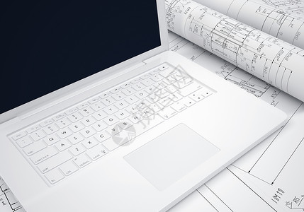 工程图纸和笔记本电脑屏幕测量技术素描桌子办公室工作键盘文档绘画草稿高清图片素材