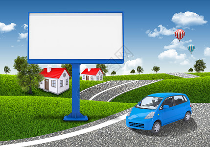 小汽车和空广告牌场景太阳建筑广告道路展示商业海报沥青控制板城市高清图片素材