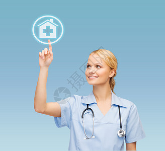指着医院图标的微笑的医生或护士工人学生屏幕技术女士药店房子保健实习生专家背景图片
