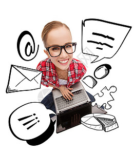 带着笔记本电脑的眼镜中微笑着的少女学校女孩信封互联网馅饼青少年技术学生上网大学背景图片