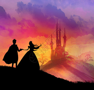魔法城堡和公主与王子海洋爬坡日落女士绘画想像力溪流婚姻故事夫妻背景