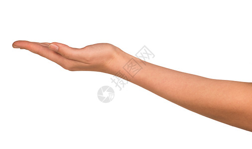 一位年轻女性的张开手成人手指棕榈白色背景图片