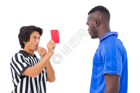 派遣足球运动员的裁判员蓝色运动世界裁判男性闲暇齿轮球衣惩罚红牌男人高清图片素材