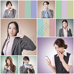 女商务人士谈商业妇女电话手机套装女性人士女士微笑团体商务屏幕背景图片