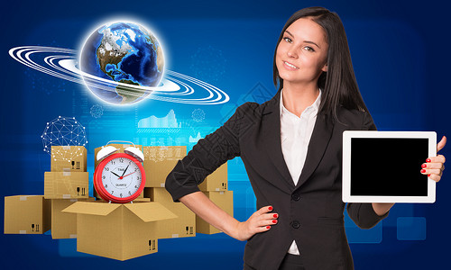 地球屏幕图形拥有地球和堆积纸板箱的女商务人士女性衬衫盒子图表电脑轨道闹钟纸板触摸屏套装背景